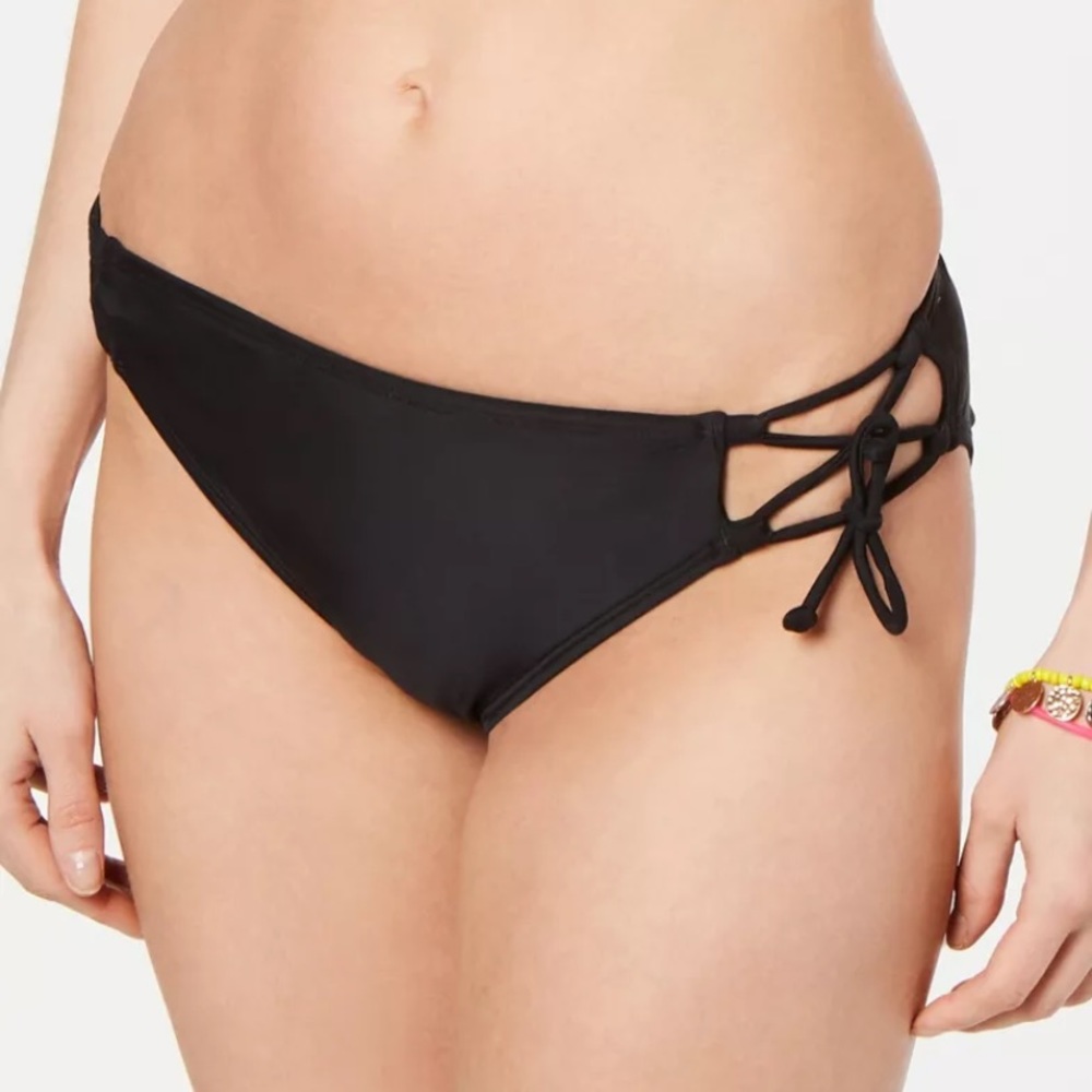 California Waves Black Side Tie Lace Up Bikini Bottoms Adjustable Low Rise XS